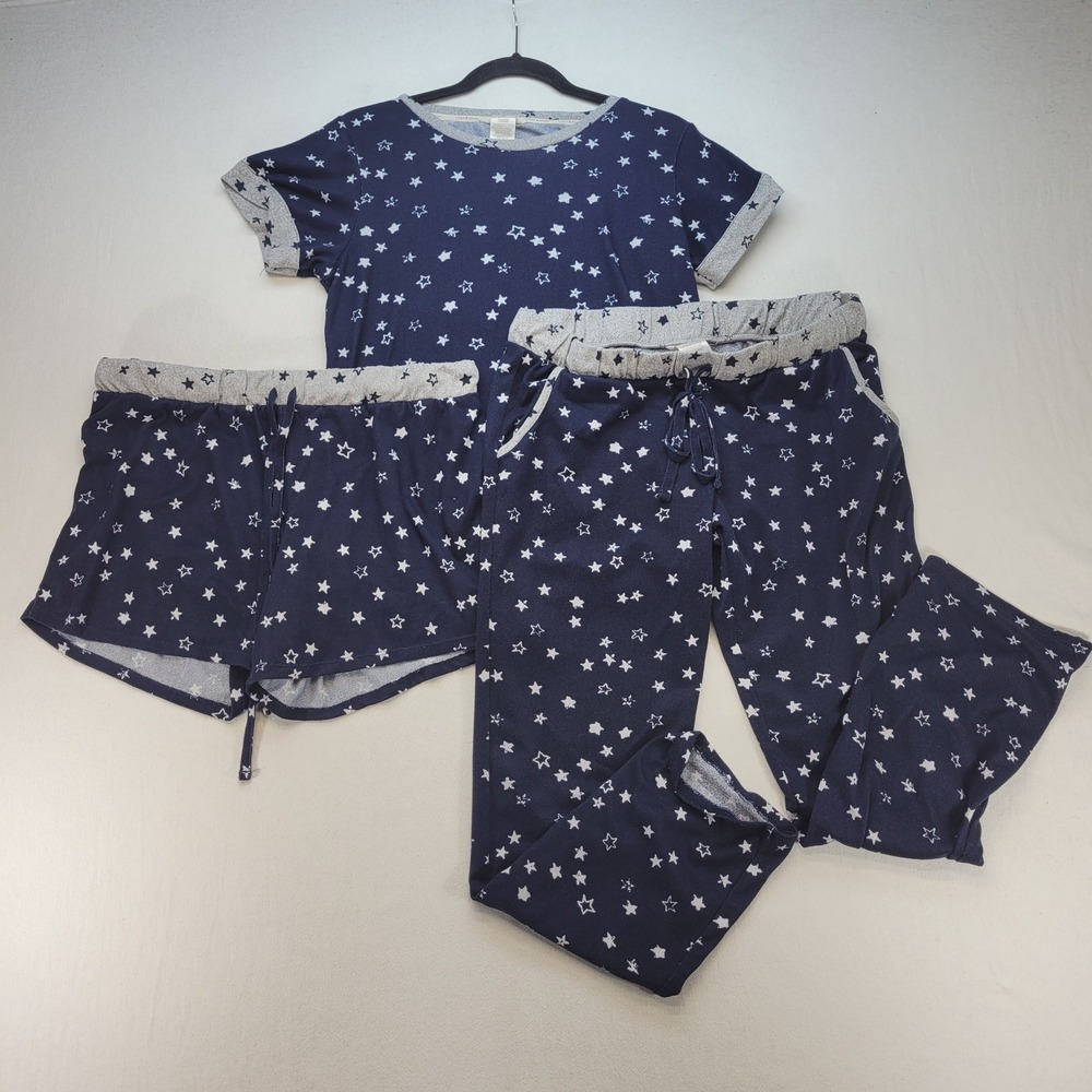 Lucky Brand Pajama Set Womens Medium Blue Stars Print 3pc Top Shorts Pants
